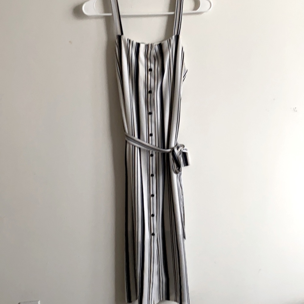 Navy blue, beige and white striped maxi dress